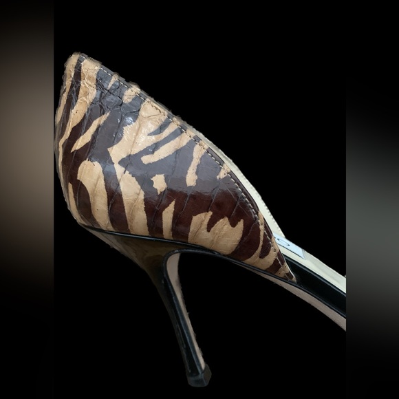 Jimmy Choo Black Browns Animal Print Heels Peep Toe Pumps Shoes 37.5 US 7 Fall - Picture 7 of 13